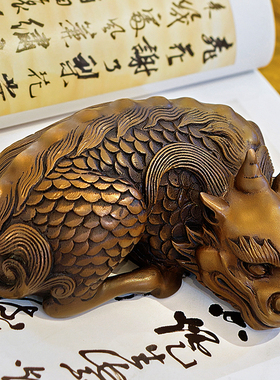 官作铜制麒麟獬豸清供桌面摆件