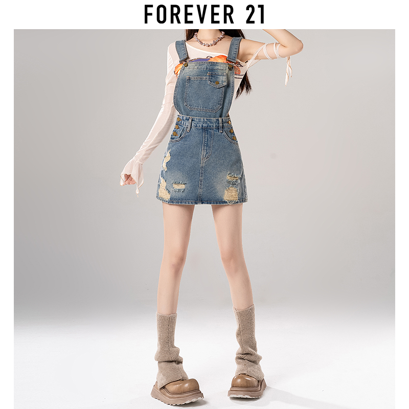 Forever 21复古牛仔裙女春夏设计感辣妹小个子破洞背带裙短裙子