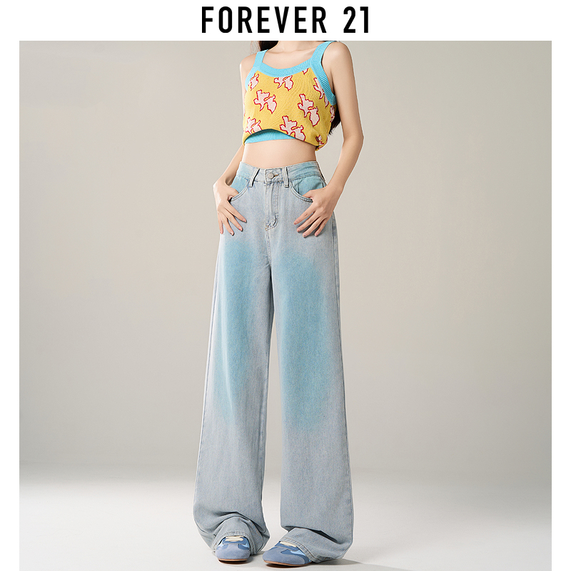 Forever 21腮红蓝色渐变直筒牛仔裤女2024年新款复古垂感阔腿裤子