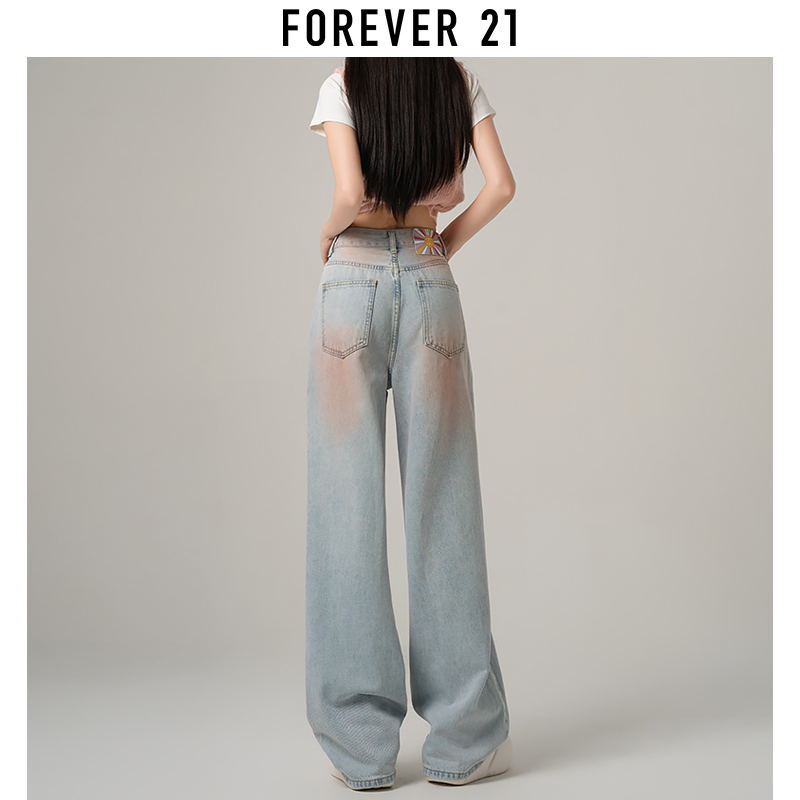 forever 21复古阔腿牛仔裤女2024年新款小个子直筒拖地腮红裤春秋