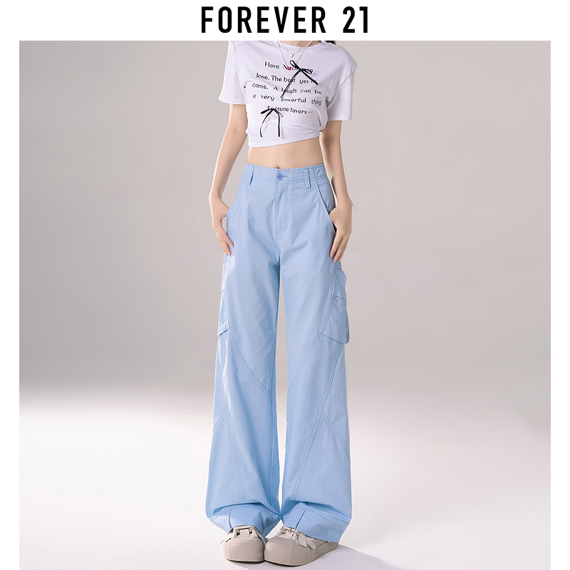 Forever 21蓝色薄款美式工装裤女2024年夏季新款窄版阔腿休闲裤子