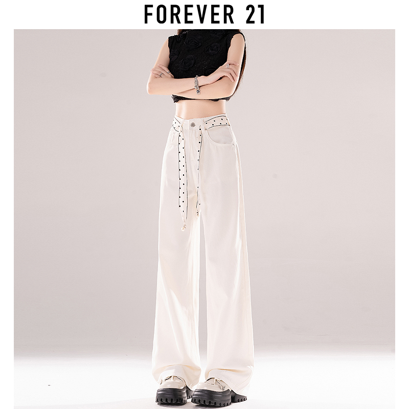 FOREVER 21高腰阔腿丝巾款牛仔裤女2024夏季宽松百搭直筒拖地裤子