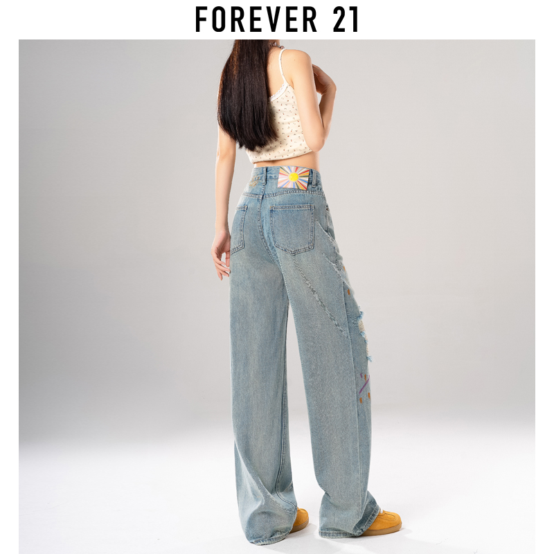 Forever 21浅色破洞牛仔裤女2024年夏季高腰涂鸦宽松阔腿拖地裤子