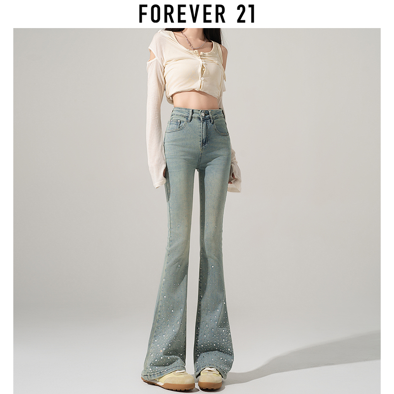 forever 21高腰屁帘微喇叭牛仔裤女春秋烫钻设计感阔腿拖地马蹄裤