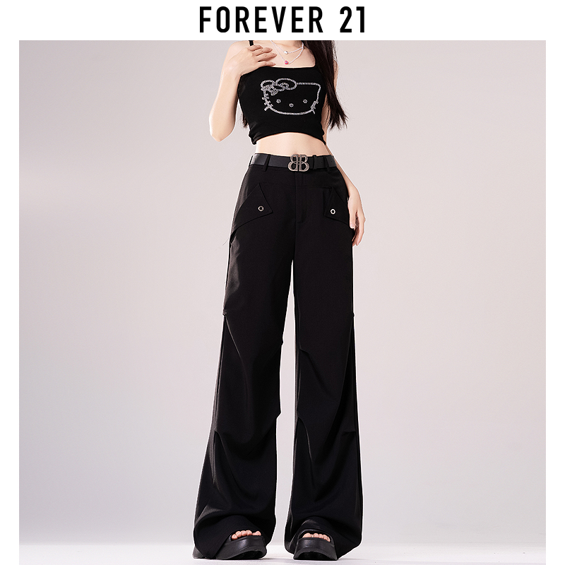 Forever 21黑色窄版阔腿裤女2024新款直筒休闲垂坠感西装裤子夏季