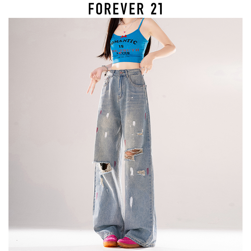 Forever 21破洞阔腿牛仔裤女夏季2024年新款高腰涂鸦窄版直筒裤子