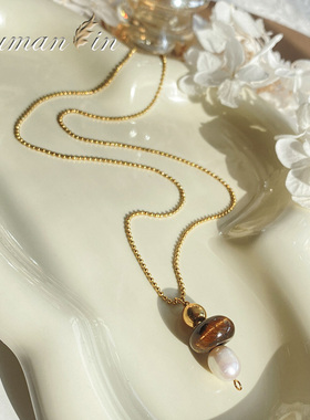 原创天然淡水珍珠金色长款毛衣链