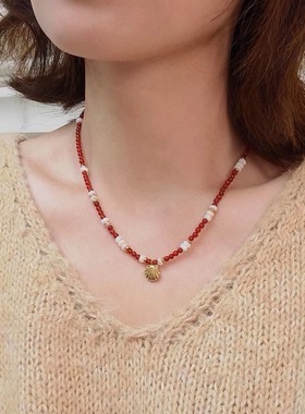 新品复古显白红色串珠项链