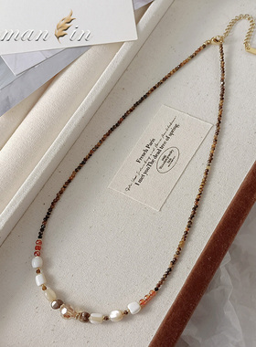 小虎眼石黄贝壳叠戴串珠项链