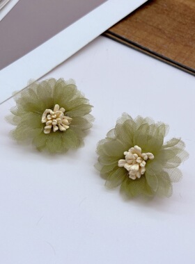 S925雪纺蕾丝花朵耳环温柔浪漫紫色牛油果绿复古港风耳钉耳饰少女