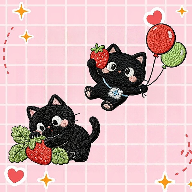 草莓黑猫自粘布贴衣服刺绣时尚小补丁贴羽绒服裤子卫衣破洞修补贴,淘宝优惠券,粉丝福利购,淘宝优惠卷