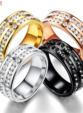 双排钻圆圈锆石钛钢戒指