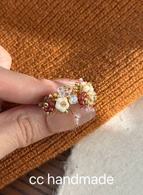 cc手作花环戒指手工编织进口捷克珠红色小花新年款指环s925银锆石