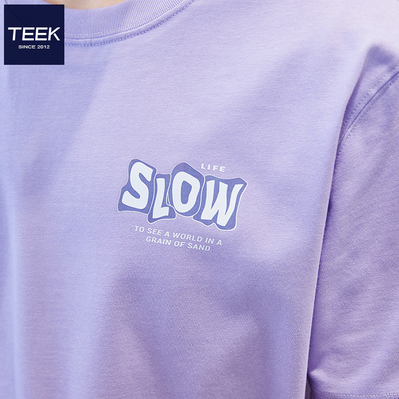 TEEK淡紫色T恤短袖男 夏季假两件香芋紫小清新纯棉情侣装潮流半袖 - 图1