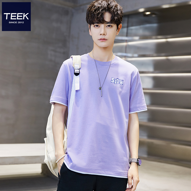 TEEK浅紫色T恤短袖男装纯棉 2024新款夏季帅气青少年学生潮流半袖 - 图0