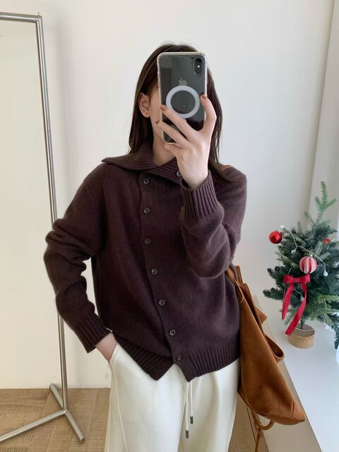 Korean high-neck diagonal-breasted alpaca soft and waxy knitted cardigan for women 2025 autumn and winter new casual loose sweater