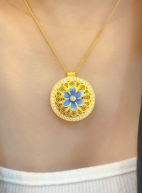 古法金包银小青花八宝罗盘项链女