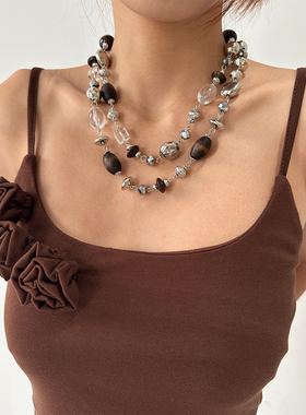 atmshop复古个性时髦异形金属亚克力珠串拼接夸张双层项链锁骨链