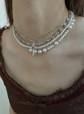 十字架吊坠多层珍珠项链choker