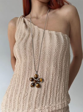 atmshop韩系琥珀虎眼石花朵吊坠叠戴长项链气质百搭高级ins毛衣链