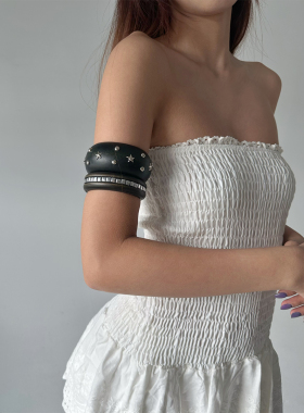 atmshop朋克辣妹复古宽版铆钉木头手镯个性夸张小众叠戴手环臂环