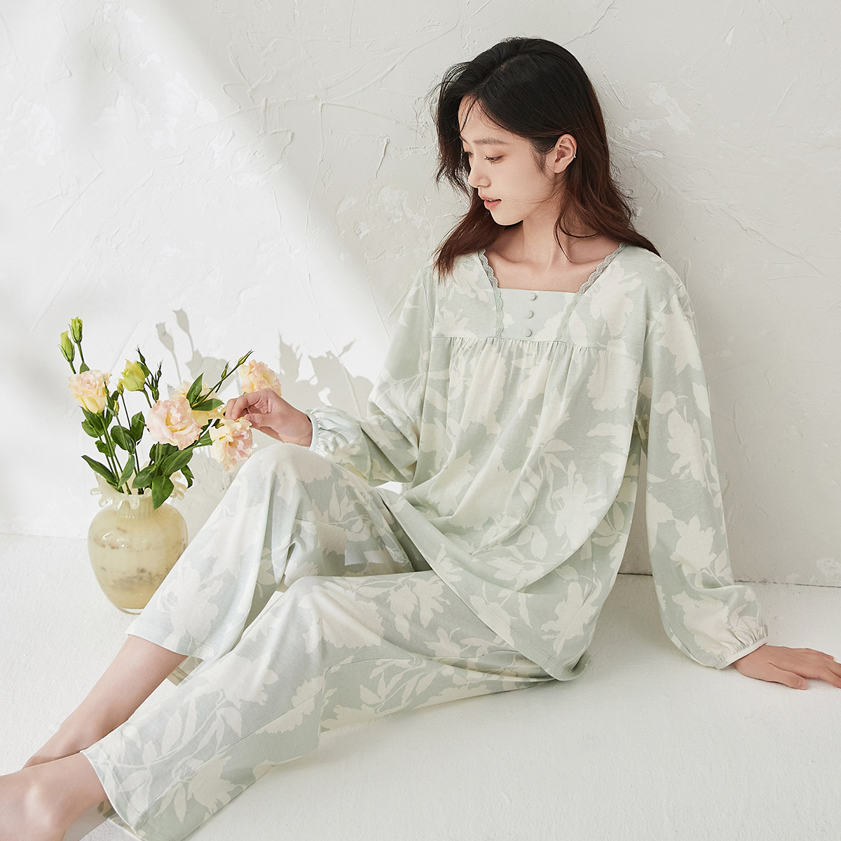 顶瓜瓜睡衣女士纯棉春秋季新款长袖圆领印花可外穿家居服套装 - 图2