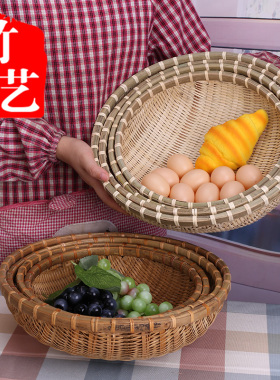 竹编圆簸箕收纳筐原生态手工竹编
