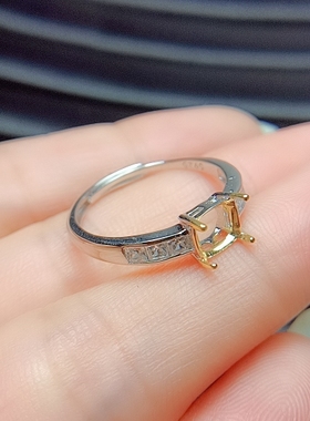 叠口 S925银镀白金双色金空托 银饰戒指 活圈枕方5/6/7/8mm 代镶