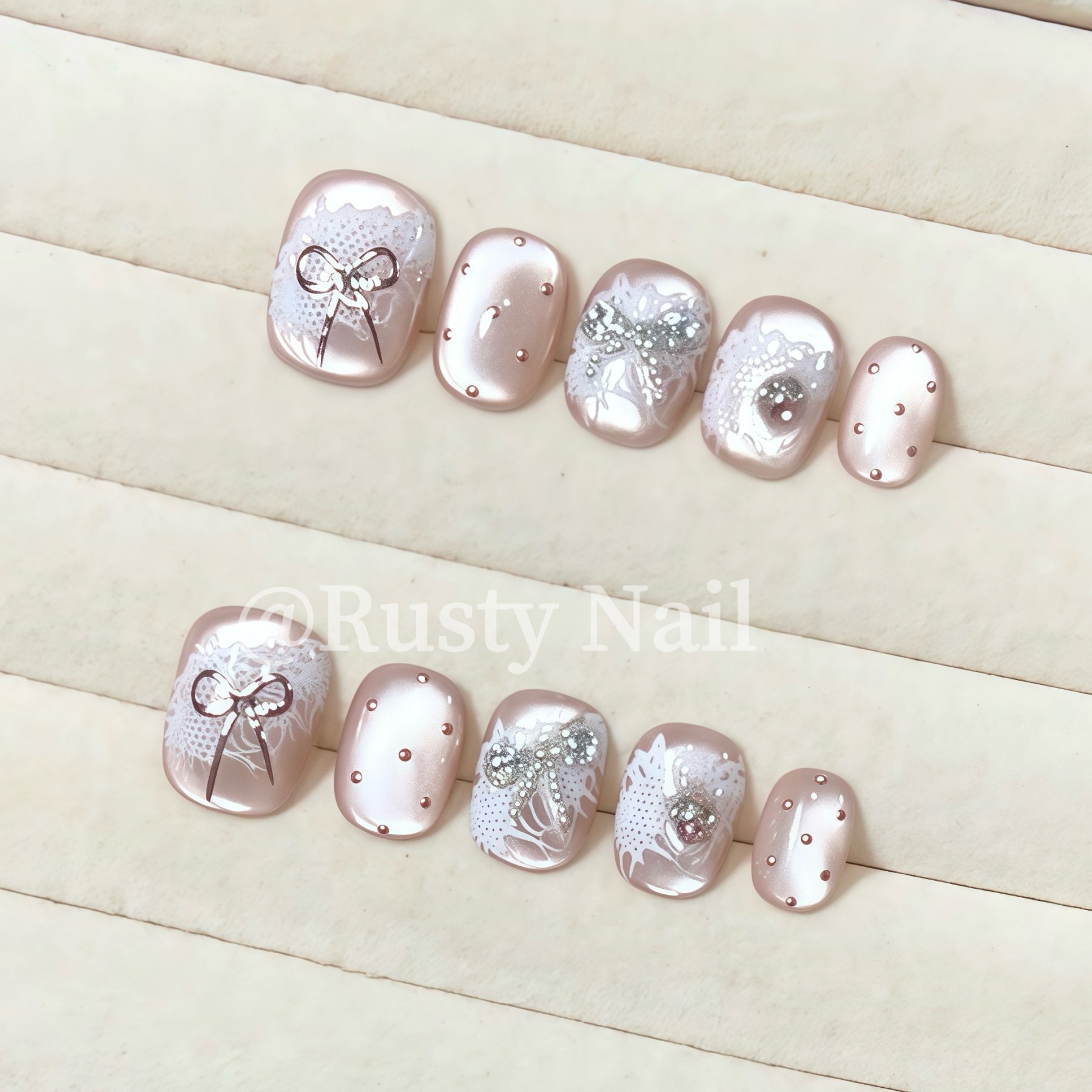 【纯欲蕾丝】千金蝴蝶结波点猫眼纯手工穿戴甲短款高级感美甲贴片,淘宝优惠券,粉丝福利购,淘宝优惠卷