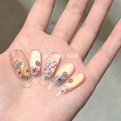【断码特价】冰透法式干花猫眼显白手工穿戴甲高品质蝴蝶美甲贴片 - 图1