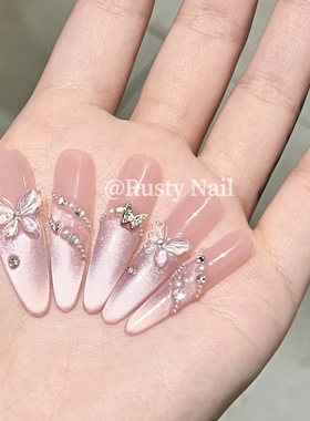 超仙紫色蝴蝶招财猫眼手工穿戴甲