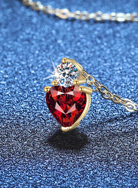 S925纯银莫桑石培育祖母绿项链红宝石蓝宝石经典爱心形项链女