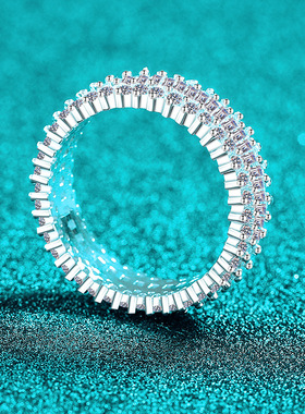 S925纯银全莫桑石戒指女长方钻大排戒华丽奢华指环时尚潮流莫桑钻