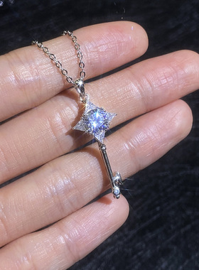 S925纯银项链莫桑石T家四芒星钥匙吊坠1克拉莫桑钻石项链女