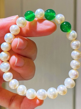 母亲节送礼7-8mm天然淡水珍珠绿玉髓设计感项链手链耳钉套装配盒