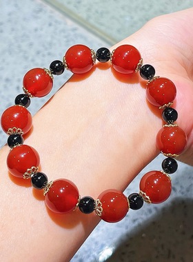 秋冬高品天然红玉髓黑玛瑙设计感手链手串女