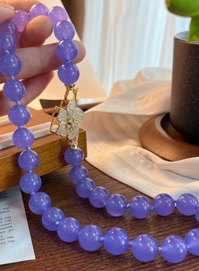 颗颗打结紫色翡翠色紫罗兰石英岩玉项链女