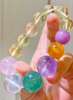 13-19mm天然柠檬黄粉晶胶花奶白晶紫锂辉多宝手链