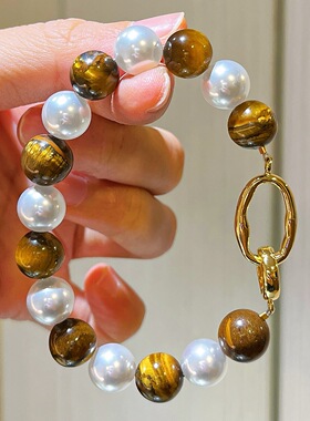 秋冬天然精品虎眼石仿澳白珍珠手链手串