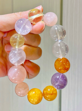 14-18mm天然柠檬黄粉晶胶花奶白晶紫水晶多宝手链