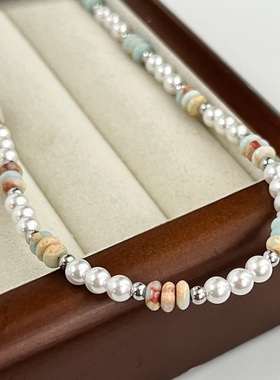 秋冬法式ins小众蓝色飞碟珠人造水晶珍珠项链锁骨链