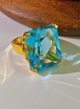 人造海蓝宝大方糖戒指简约时尚百搭款