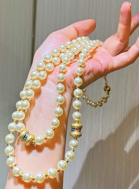 秋冬高光香槟玫瑰色长款施家珍珠毛衣链项链锁骨链女