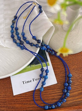 天然青金石配上宝石蓝人造水晶满天星长款项链简约时尚复古毛衣链