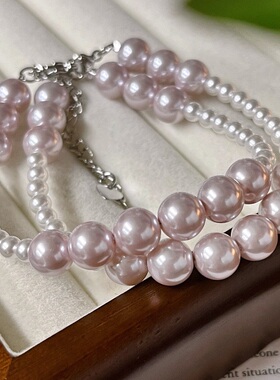 国风复古粉紫曼塔玫瑰色人造水晶珍珠手链手串