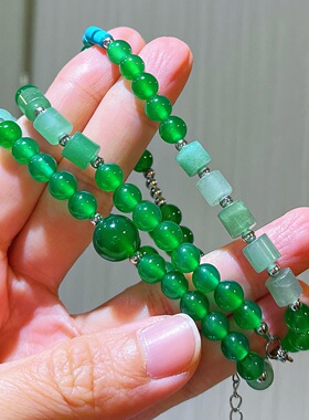 高品秋冬复古天然满绿帝王绿绿玉髓黄水晶项链毛衣链