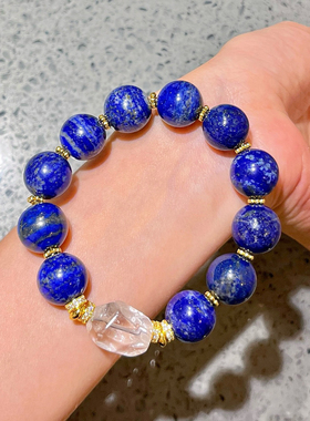 14mm大颗粒天然青金石白水晶设计感手链手串