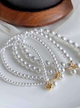 清冷银灰冷白色人造施家正圆强光珍珠手链ins小众手链女