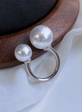 s925银双珠强光施家珍珠戒指 开口戒指女小众新品