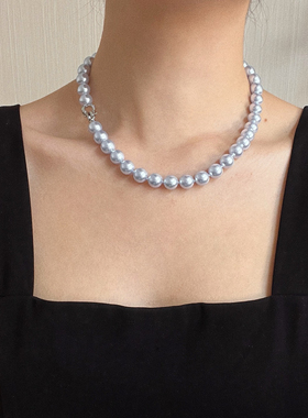 10mm复古国风品质货天空蓝人造水晶珍珠锁骨链项链